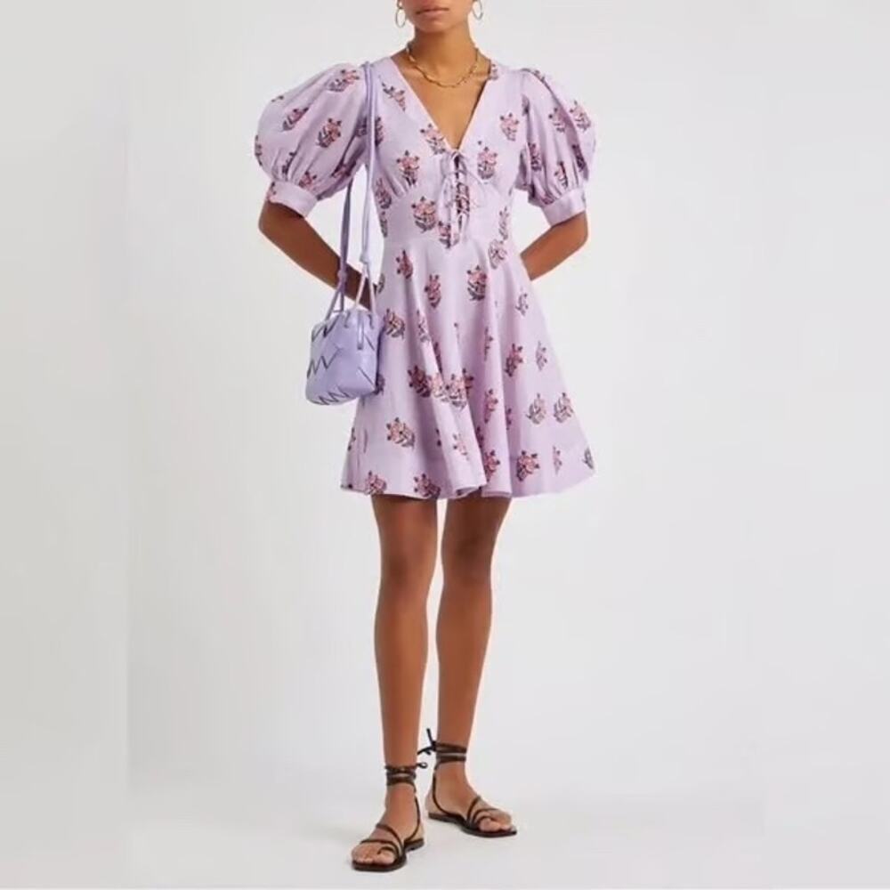 NEW House of Harlow Linen Floral Puff Sleeve Mini Dress Woman's Purple Size 8